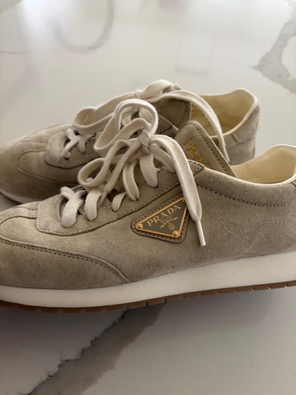 Prada Beige Suede Women's Sneakers with Gold Logo